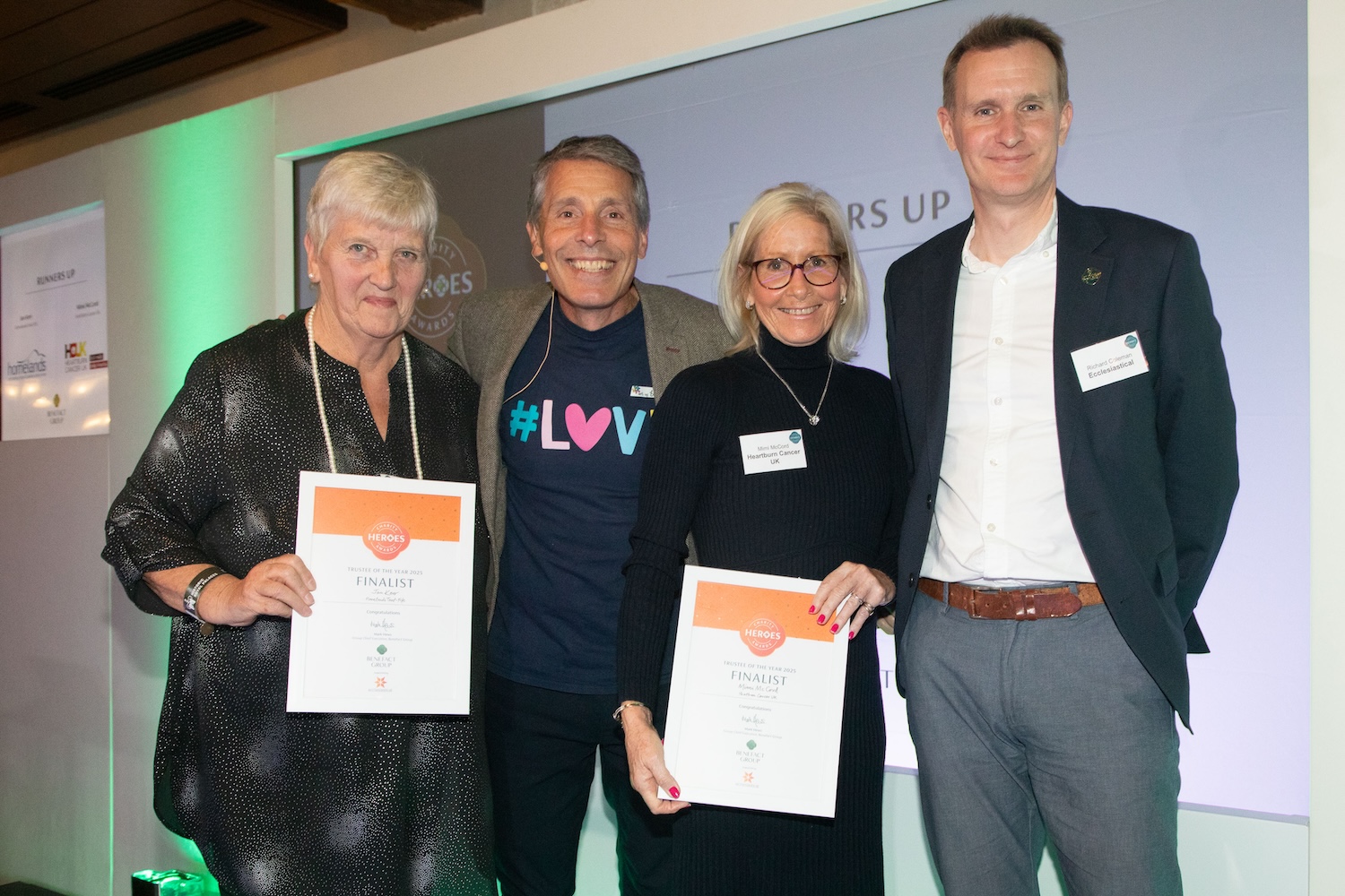 Jan Kerr, Homelands Trust-Fife and Mimi McCord, Heartburn Cancer UK receiving their charity heroes awards